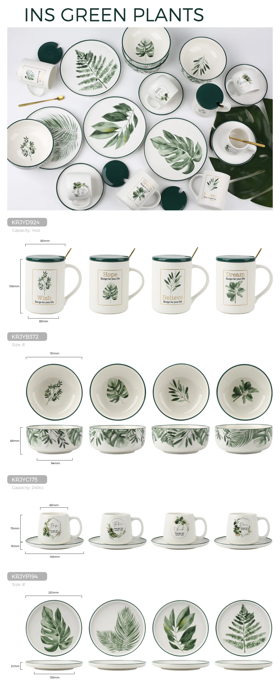 Kalring Ceramic Bowl Green Plants Design Color Rim Size 6" Matt White Glaze Outside Bottom Inside Glossy White with Design for Daily Use