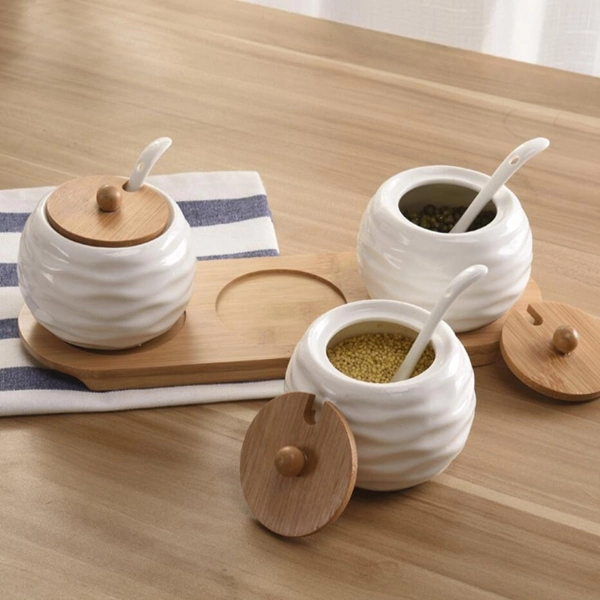 Condiment Serving Set Bamboo Tray Ceramic Bowls with Spoon and Lid