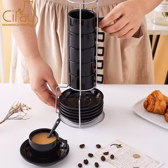 Juego de 6 tazas de café espresso de cerámica apilables de 85 ml con platillos y soporte de metal de 3 oz para café